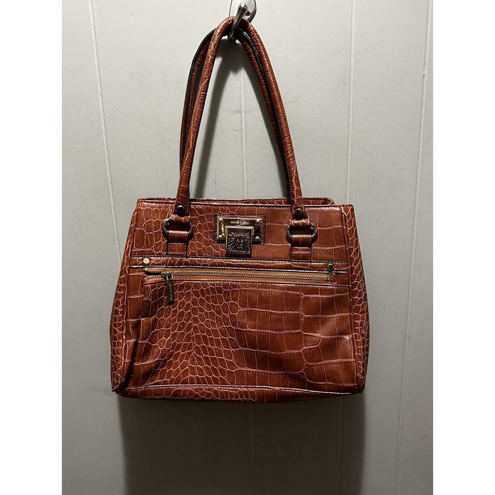 Anne Klein Women’s Crocodile Print Brown Leather Shoulder Carry Purse